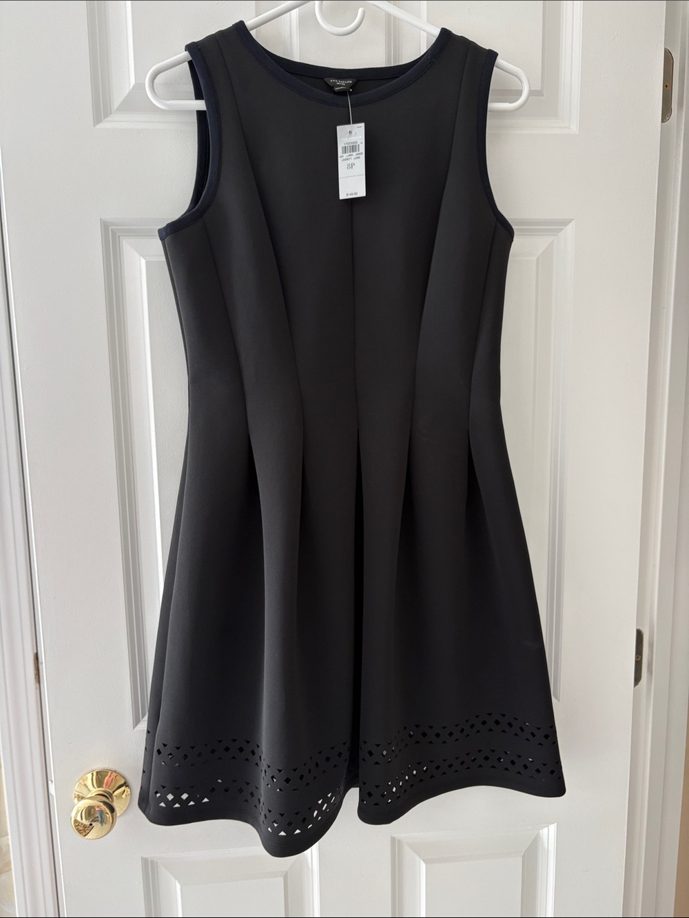 Ann Taylor Black “Scuba” Sleeveless Fit-and-Flare Dress with Laser-Cut Hem